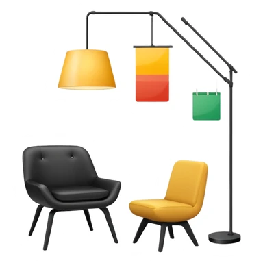 Create a minimalistic and stylish custom emoji that represents a premium interior design studio. The emoji should include a sleek modern chair, a hanging designer lamp, and architectural elements like a floor plan or a paint swatch.  sticker