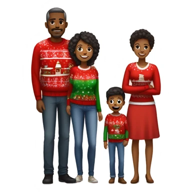 A Black family of four members with Dad, Mom, Son, and Daughter. The son stands next to Mother. The Daughter stands next to Father. All family members are wearing Christmas sweaters and Santa hats.  sticker
