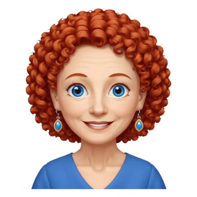 una profesora mayor simpática con el pelo rojo rizado, ojos azules, vestido azul y pendientes azules hablando altura completa sonriendo sticker