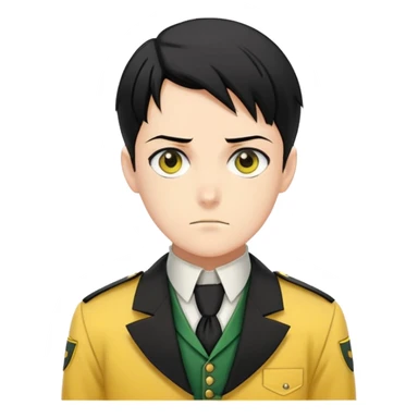 Levi Ackerman with black undercut hair, stern expression, wearing yellow uniform instead of green, with white cravat sticker
