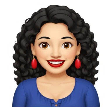 40 yr old Mexican woman, slightly chubby, wavy/curly long black hair, red lipstick, big smile, white teeth, brown eyes, hoop earings, side part to hair, round face, nice blouse, no wrinkle hair side swept, big hoop earing sticker
