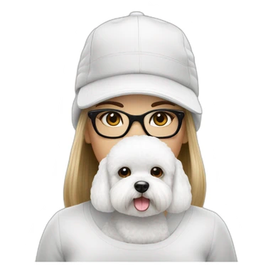 mujer piel blanca pelo largo negro gorro gafas y perro bichon blanco sticker