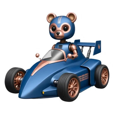  Space-weathered/Carbonized Metallic dark blue and rosegold-accented  racing car for furry-faced grey bearded evil alien scary robot teddy bear with custom open-aero body and rear spoiler (Star Wars style) sticker