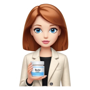 A Barbie girl with blue eyes, shoulder-length reddish-brown hair with makeup, wearing a white tweed jacket and a black skirt, holds pale beige body moisturizer cream pot sticker