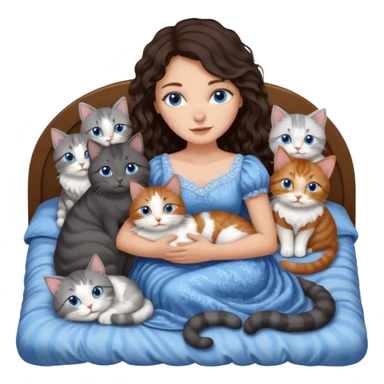 detailed realistic looking a dark grey and white cat regally laying with six other cats, cuddling with their owner in bed who is a pretty bratz lightly tanned white girl with long dark brown hair, blue eyes and gorgeous long wavy hair wearing a pretty detailed dress sticker