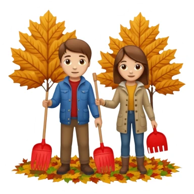 a couple man and woman both brown hair light skin racking leafs sticker