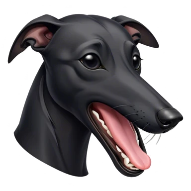 Cinematic Cute Yawning Black Greyhound Portrait Emoji, Head tilted slightly with a dramatic, wide-open yawn, showcasing a sleek black Fur with a polished finish, floppy ears slightly drooping, round dark eyes barely open in drowsy contentment, Simplified yet irresistibly adorable features, highly detailed, glowing with a soft, cozy glow, high shine, relaxed yet expressive, stylized with a touch of whimsy, bright and endearing, soft glowing outline, capturing the essence of a sleepy yet affectionate racer, so drowsy it feels like it could stretch out of the screen and curl up for a nap! sticker
