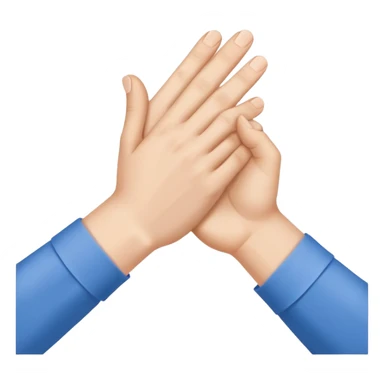 Close-up of a handshake gesture, both hands wearing blue shirt sleeves sticker