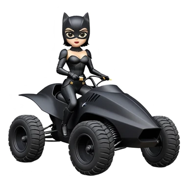 Rc toy with aerodynamic sexy fenders on Catwoman’s buxom attractive armored midnight-colored tight outfit from tv series style dark knight movie stealthy accurate sporty safe deluxe off-road fast pursuit prototype concept car (black hair, sitting back but driving aggressively) secret rally vehicle  sticker