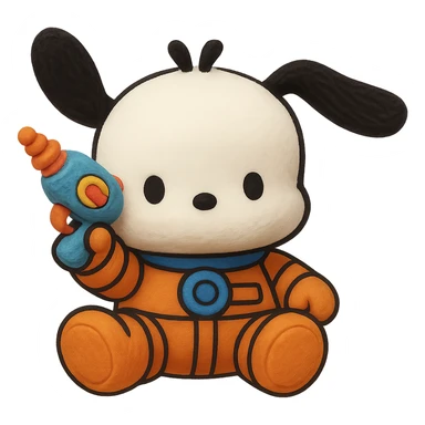 Make Pochacco hold a cute toy gun, keep him white with black ears, orange and blue space suit, plushy Popmart doll style, playful and adorable, no background sticker