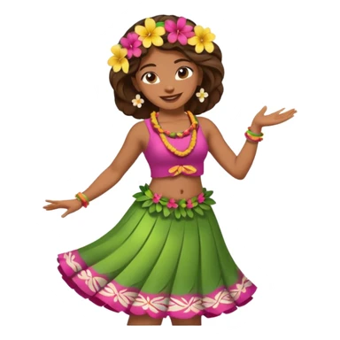 Hawaiian hula dancer with a flower in her hair, mid-dance, smiling, classic emoji style sticker
