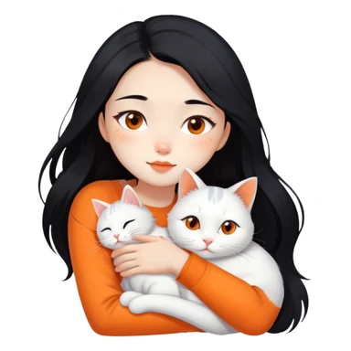 East Asian girl with long flowing black hair hugging a predominantly white cat with orange patches, sweet and gentle, cute facial expressions sticker