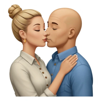 Mid aged Hispanic bald man kissing mid aged dark blonde white woman. She’s wearing a bun. He’s wearing a button down shirt. sticker