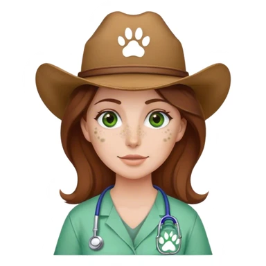 Pale Woman with brown hair and green eyes and freckles on her cheek bones wearing scrubs that have a paw print logo on only the scrubs  and a cow girl hat sticker