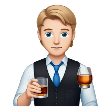 white guy light brown hair blue eyes wearing black holding whiskey sticker