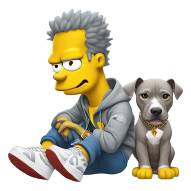 Bart Simpson wearing a gray Nike set with Jordan 4 and a pit bull sitting on the left of him sticker