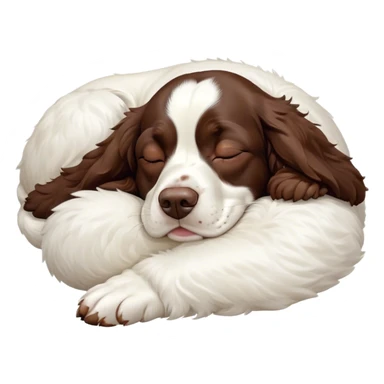 Meme-Worthy Cute Sleeping Springer Spaniel Portrait Emoji, Head resting peacefully with a contented smile, showcasing a delightfully agile build and a luxuriously soft liver and white Fur, eyes shut in a serene nap, Simplified yet hilariously adorable features, highly detailed, glowing with a soft, drowsy light, high shine, relaxed and utterly lovable, stylized with an air of playful laziness, bright and heartwarming, soft glowing outline, capturing the essence of a comically sleepy companion, so meme-worthy it feels like it could instantly become the next viral sensation of adorable slumber! sticker
