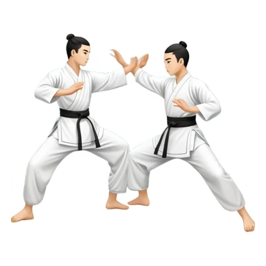 Two martial artists in traditional Wushu attire, performing elegant, fluid moves. The background shows a peaceful, scenic landscape with mountains and bamboo trees, symbolizing the balance of power and grace in Wushu.  sticker