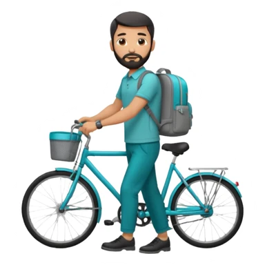 a man with a grey backpack and a torquoise byciycl and he has black shot=rt man hair and a beard with a polo grey shirt and dress pants sticker