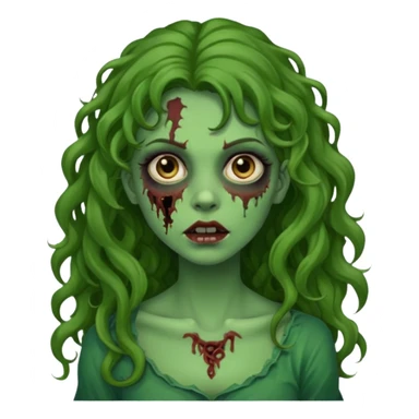 faça uma garota zombie, com a pele verde, cabelo castanho cacheado abaixo do ombro linda sticker