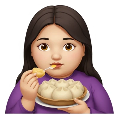 Can you create an emoji of a half Indian - half white 23 year old girl with dark brown mid length hair and brown eyes who is super obese and eating a dumpling sticker