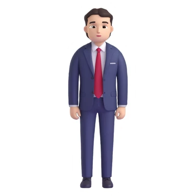 man wearing a dark blue-gray business suit with black horizontal stripes on the arms and legs, white shirt and red tie sticker