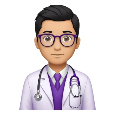 Male doctor tan skin glasses black hair, piercings and tatoos, violet uniform and white bata sticker
