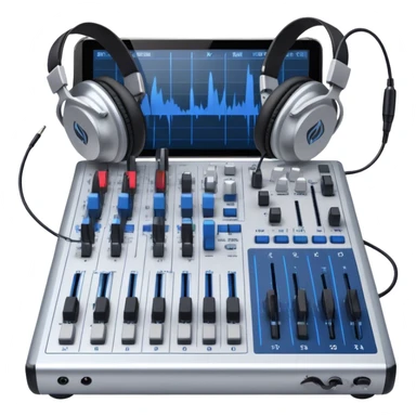 Create a professional and technical emoji that represents sound engineering. The design should feature a sound mixing console with faders, a pair of studio headphones, and audio waveforms to symbolize the precision and technicality of sound mixing and mastering. Include elements like a microphone or audio cables to reflect the recording aspect. Use colors like silver, black, and dark blue to represent the technical, yet artistic side of sound engineering. The background should be transparent. sticker