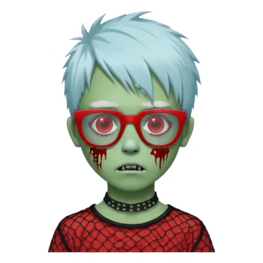 White hair, Ghoulia yelps monster high doll in scene/emo style cherry print dress with fishnet sleeves, clothes, thin, small, red, rectangle glasses, pale white-blue skin, pale-green shaggy short hair , zombie scars , boy, punk choker sticker