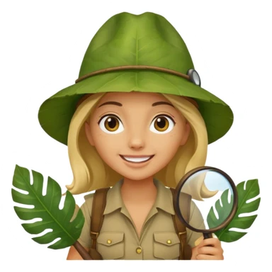 a young female explorer with jungle wearing a large leaf headgear bye and magnificer glass sticker