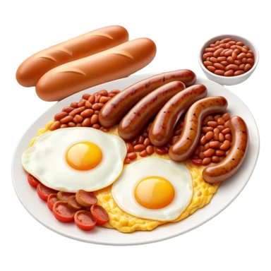 Cinematic Realistic English Breakfast Dish Emoji, showcasing a hearty ensemble of eggs, bacon, sausages, baked beans, and grilled tomatoes rendered with lifelike texture and vibrant, appetizing detail that exudes comforting tradition. sticker
