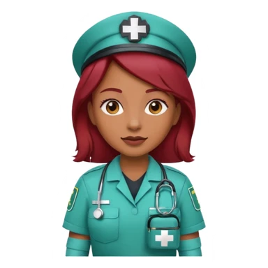 medium brown skin tone woman emoji with red burgundy hair in a paramedic uniform holding a medical bag sticker