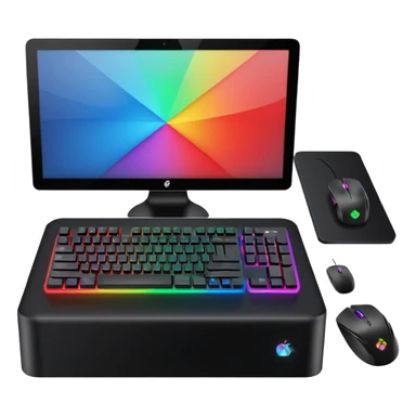 rgb gaming computer on black desk with a black keyboard and mouse sticker