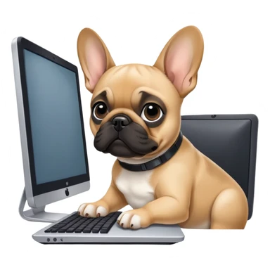 Fawn Frenchie with black muzzle working behind computer sticker
