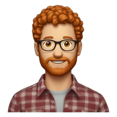 man. around 25. redhead. short curly hair. with beard and glasses. scarlet checked shirt sticker