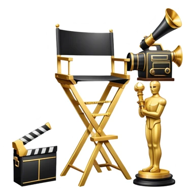 Icon for Directing: a director's chair, a large film camera, a megaphone, a stage set with lights and an Oscar statuette. The icon should represent the creative and leadership aspects of directing, with focus on film and theater production. Transparent background. sticker