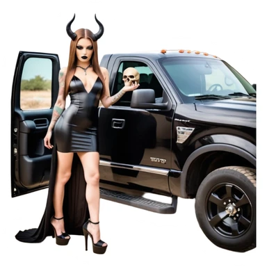 Sensual queen long brown straight haired mafia woman with black shiny platform high heels on her feet, black devil horns on her head, tattoos on arms , holding a human head skull. in the back seat of a large big new model F350 pickup truck full of cash wearing long sex dress with big butt sticker