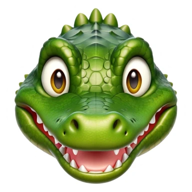 Cinematic Realistic Cute Crocodile Portrait Emoji, Head tilted playfully and inquisitively, featuring a robust, well-defined build with intricately detailed, glossy olive-green scales and a surprisingly endearing face with round, sparkling eyes full of unexpected charm, rendered with lifelike texture and natural highlights, high shine, affectionate and spirited, styled with a touch of wild whimsy, soft glowing outline, capturing the essence of a mischievous yet lovable crocodile that seems poised to snap playfully out of the screen into your arms! sticker
