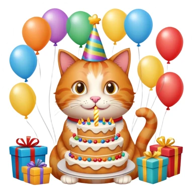 Ginger cat celebrates birthday, birthday hat, birthday cake, balloons, happy, gifts sticker