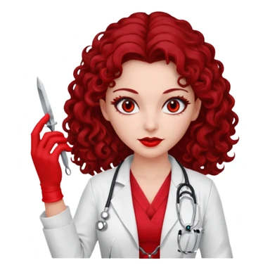 Lilith scalpel in hand, evil surgeon red outfit.  She has red eyes. She has dark brown long curly hair. Wears sexy doctor outfit with red gloves sticker
