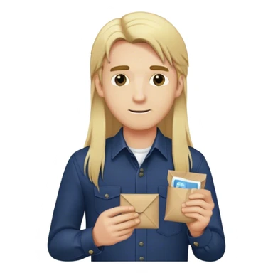 Guy with long straight blonde hair and navy button up holding a packet sticker