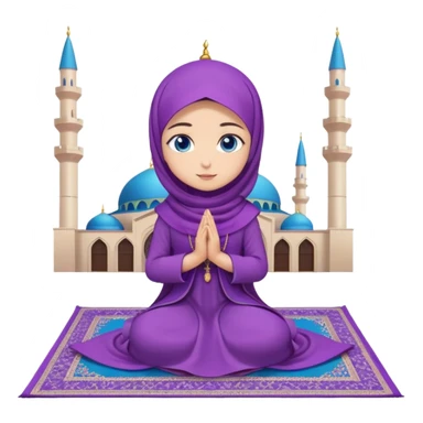 Turkish beautiful finish Konya girl blue eyes with purple flower hijab long tail dress and sits on the pray mat namaz on the ground with Islamic dua  sticker