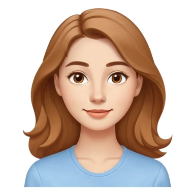 Young adult woman with oval delicate face, soft features, fine jawline, bright friendly smile, large expressive light brown almond eyes, medium arched eyebrows, proportional nose, defined lips, long light brown hair with gentle waves, wearing a casual feminine-cut light blue shirt sticker