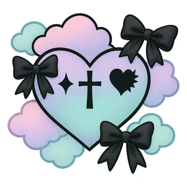 Remove the background, keep the pastel goth heart with pastel clouds and black bows, transparent background. sticker
