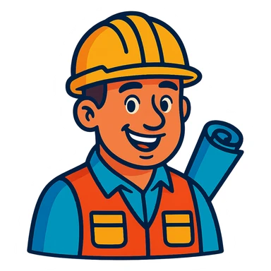 engineer with yellow safety helmet, friendly expression, vibrant cartoon style sticker