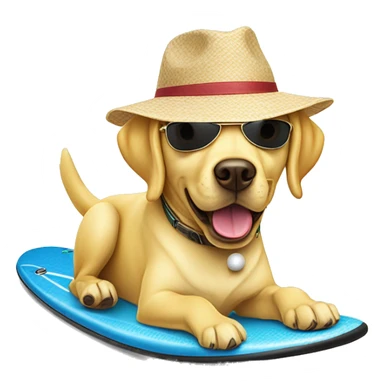 Yellow Labrador on a surfboard hitting a golf ball with a hat and sunglasses on sticker