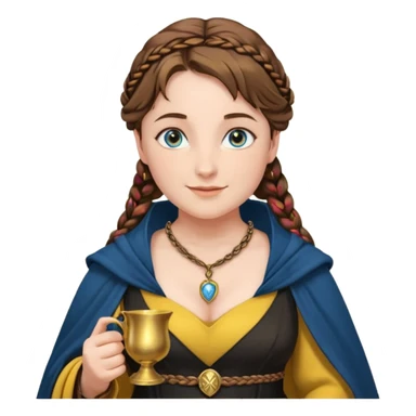 Helga Hufflepuff, blue eyes, brown-haired, two brown braids, yellow-black medieval dress, black cloak decorated with gold braiding, tiny gold cup with two handles, very kind smile, curvy busty sweet woman, macromastia, thick round rosy cheeks, gold pendant with round black stone sticker