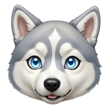 Cinematic Cute Siberian Husky Portrait Emoji, Head tilted playfully and inquisitively, featuring a lush grey and white coat with striking accents, round, sparkling icy blue eyes filled with curiosity, Simplified yet irresistibly adorable features, highly detailed, glowing with a crisp, friendly glow, high shine, affectionate and lively, stylized with a touch of whimsy, bright and endearing, soft glowing outline, capturing the essence of a mischievous yet loving pup, so playful it feels like it could dash out of the screen and into your arms! sticker