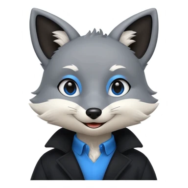 Grey anthropomorphic furry fox with a black coat, blue eyes, and a small fringe of black hair, smiling sticker