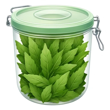 small plastic container with green dried herbal leaves which are clumped together sticker